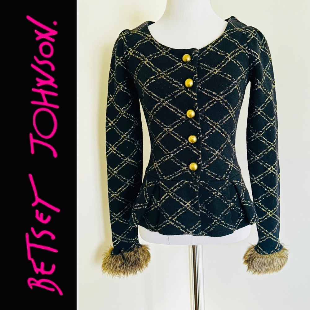 NWT Betsey Johnson Gold Lamè Faux Fur Cuff Cardigan